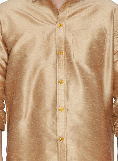 Vastramay Men's Gold Cotton Silk Blend Shirt and Dhoti Set